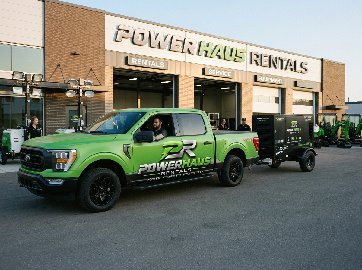 Green Ford pickup truck with Power Haus Rentals branding and equipment trailer attached, parked outside Power Haus Rentals store with signs for rentals, service, equipment. Several employees or customers nearby, some in black work uniforms, and machinery or equipment visible in the background.