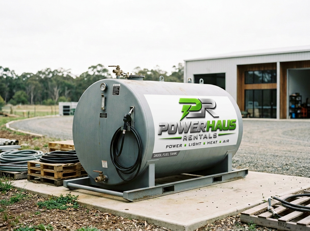 Large portable fuel tank labeled PowerHaus Rentals with logos, situated outdoors on a concrete pad, with coiled hoses nearby, buildings in the background, and trees in the distance.