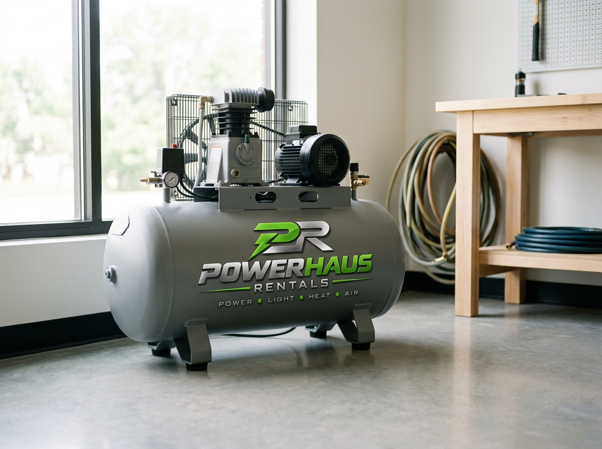 An industrial air compressor with a powerhaus rentals logo, situated in a garage or workshop, with hoses and a workbench nearby.