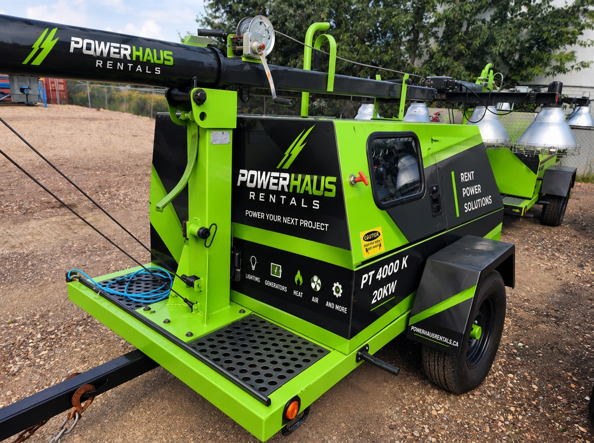 A green and black portable industrial generator with lights, generators, heat, air, and other features, branded as Power Haus Rentals, placed outdoors on a dirt ground with trees and a fence in the background.