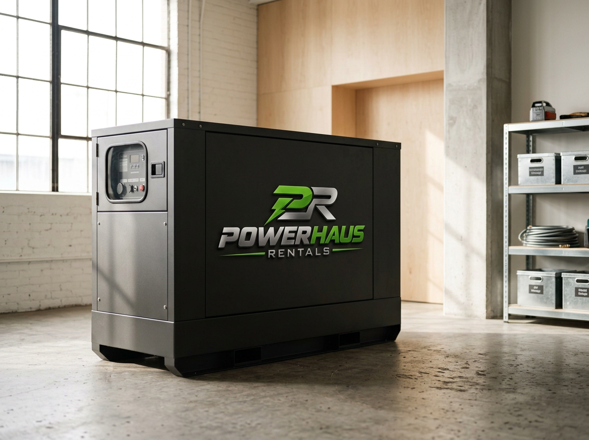 Industrial generator with PowerHaus Rentals logo in a warehouse or workshop setting.