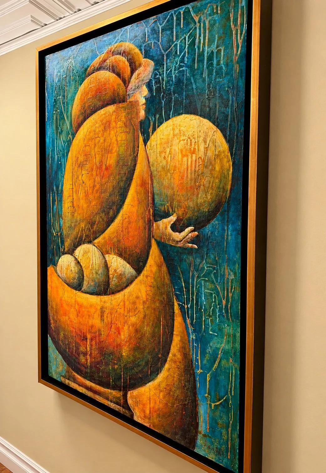 Large orange and teal artwork