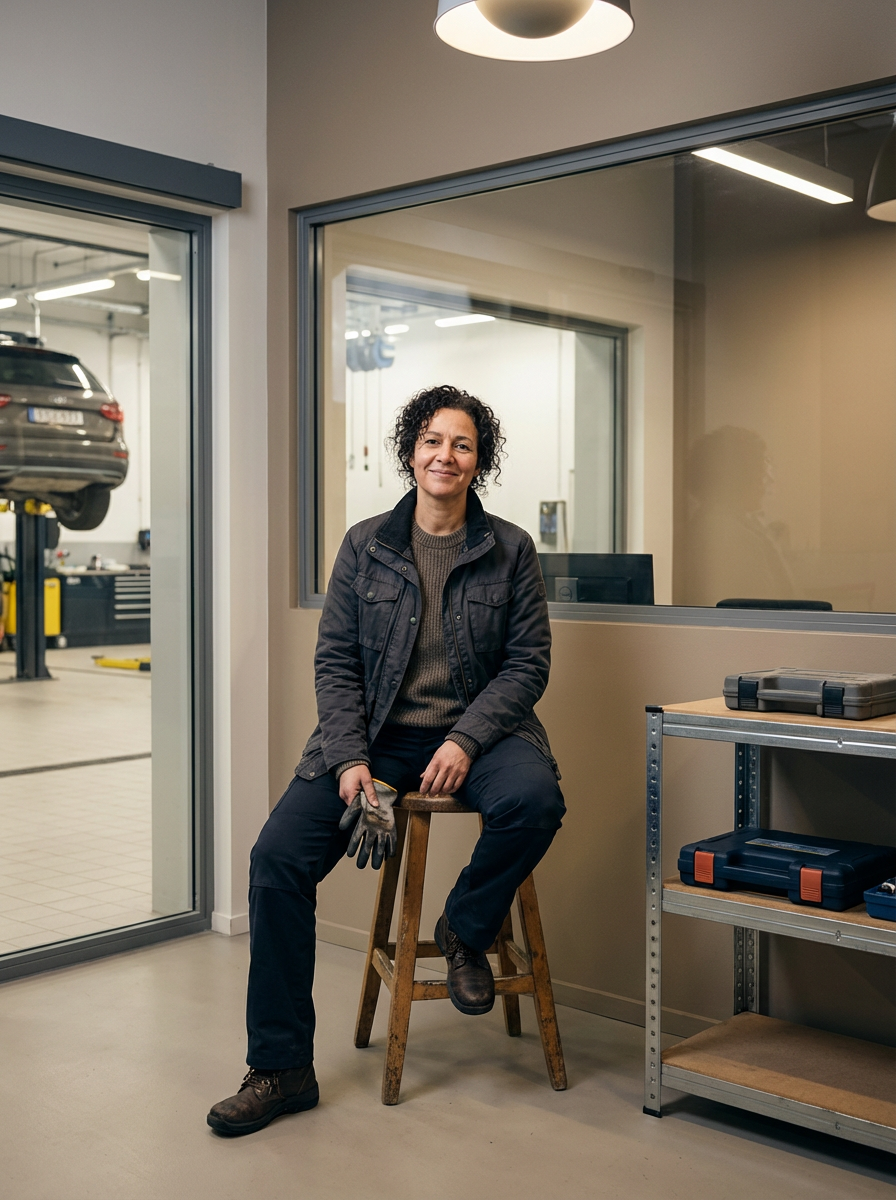 A woman sitting on a wooden stool inside an auto repair shop, holding work gloves, with a vehicle on a lift visible through the open garage door.