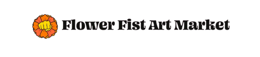 Logo for Flower Fist Art Market featuring an orange flower with a yellow fist in the center.