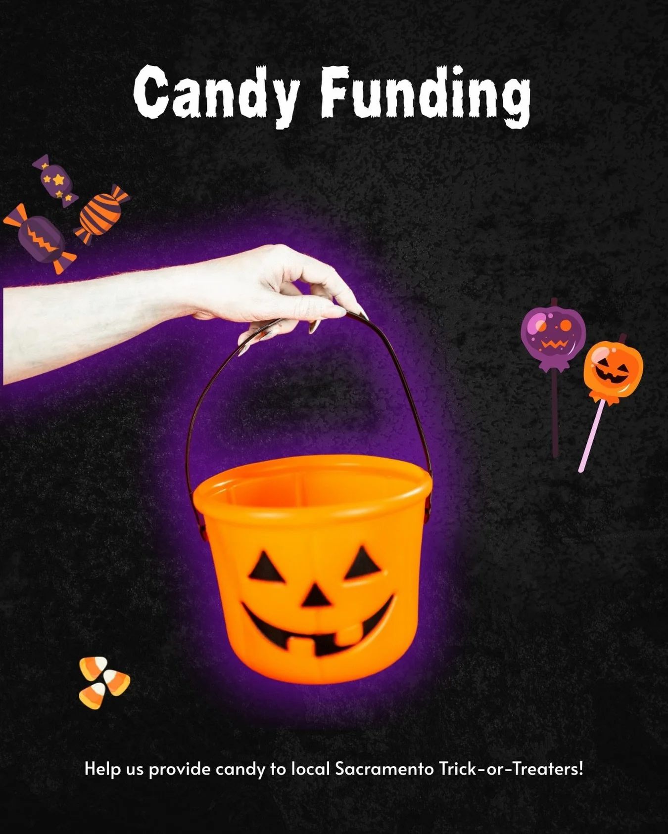 SACRAMENTO we need your help!!

We are currently at $275 of our $400 candy fund goal. We are doing kid AND adult trick-or-treating, and we need your help to provide the coolest toys and the BIG candy bars.

If we surpass that goal by 10/10, any remai