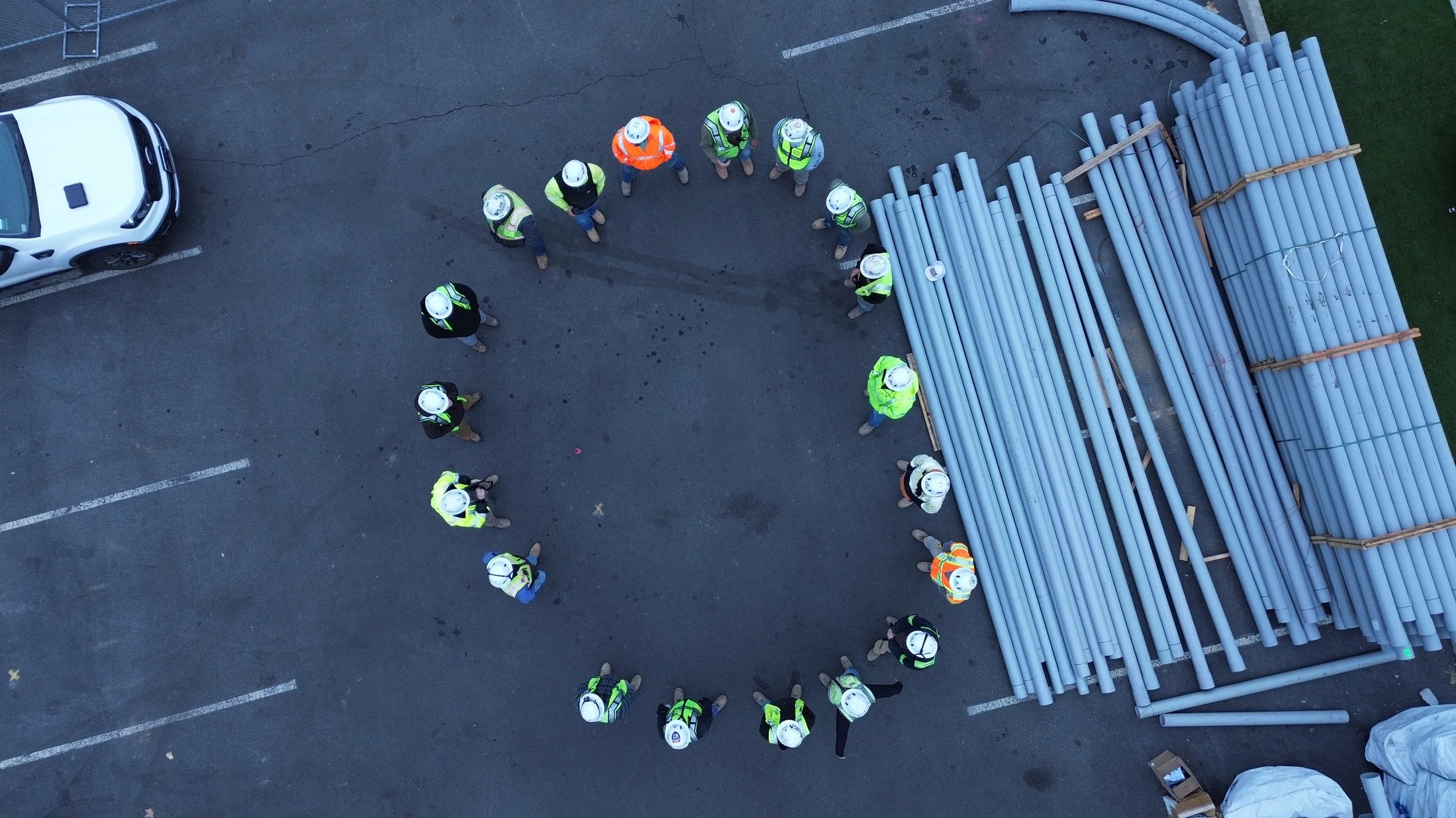 Aerial view of a tailboard with conduit staged for installation.