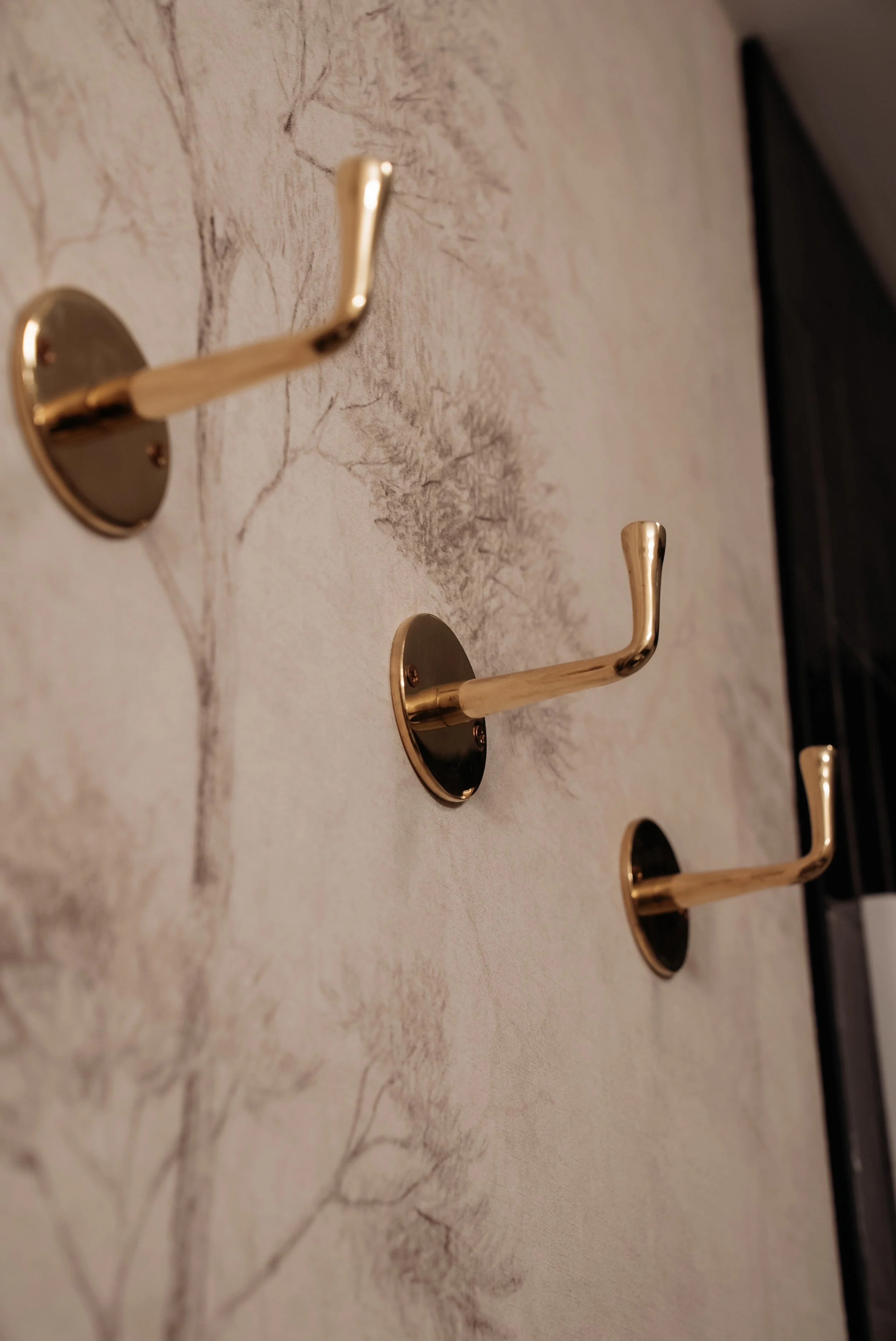 Gold hooks mounted on a wall over a light-colored marble surface.