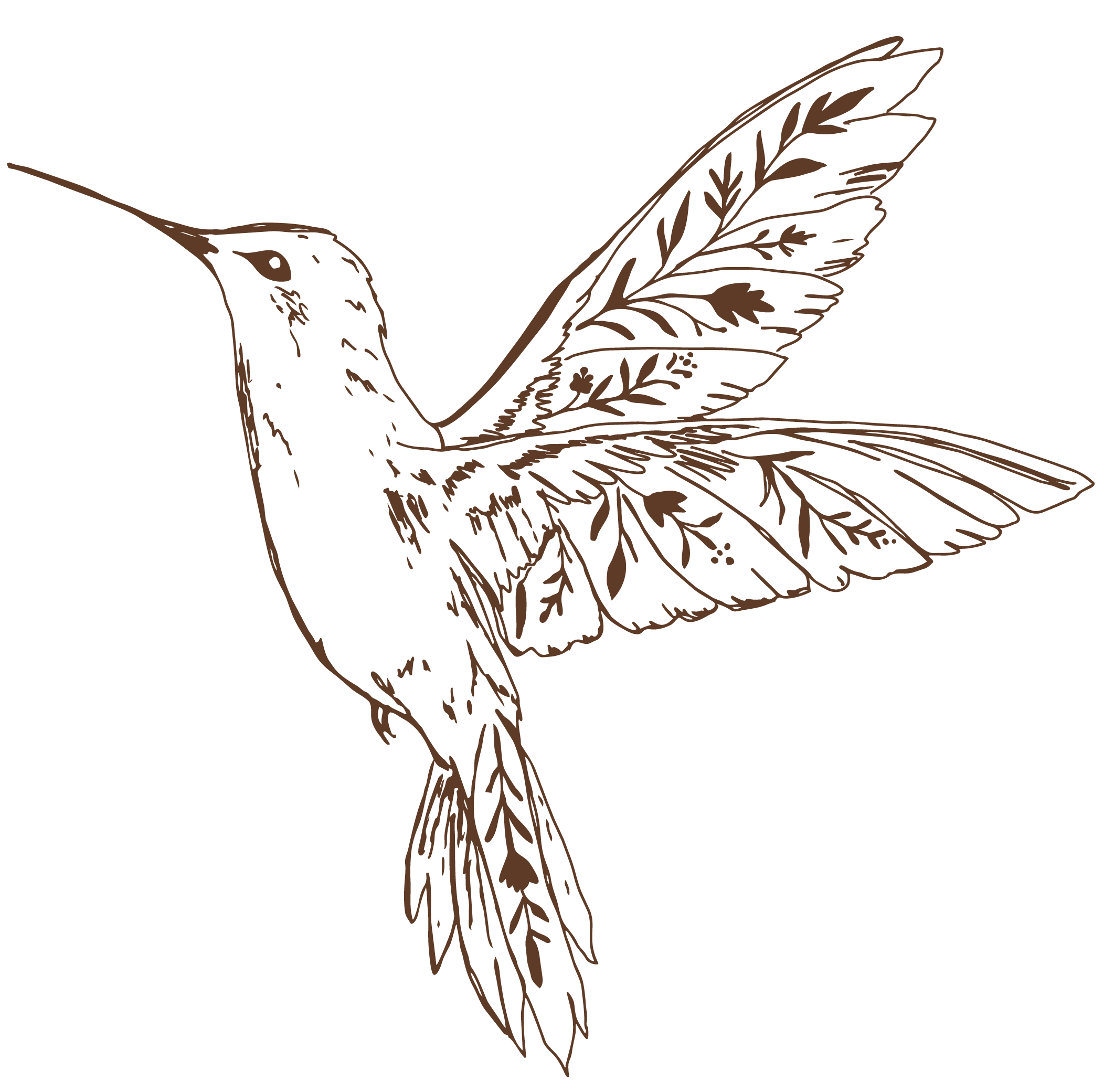 Line drawing of a bird with wings spread, decorated with leaf patterns on its feathers.