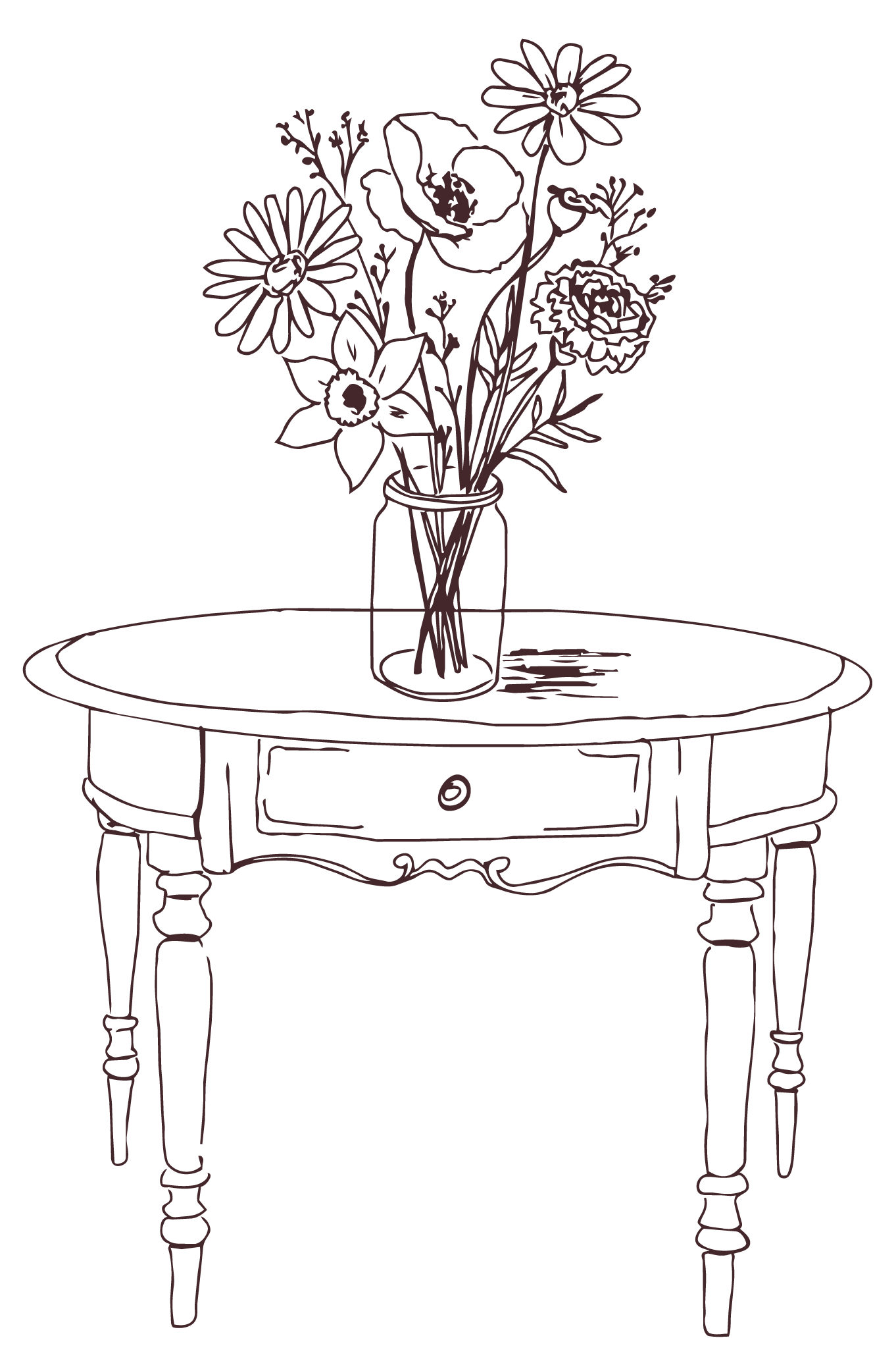 Line drawing of a bouquet of flowers in a glass vase on a vintage wooden table.