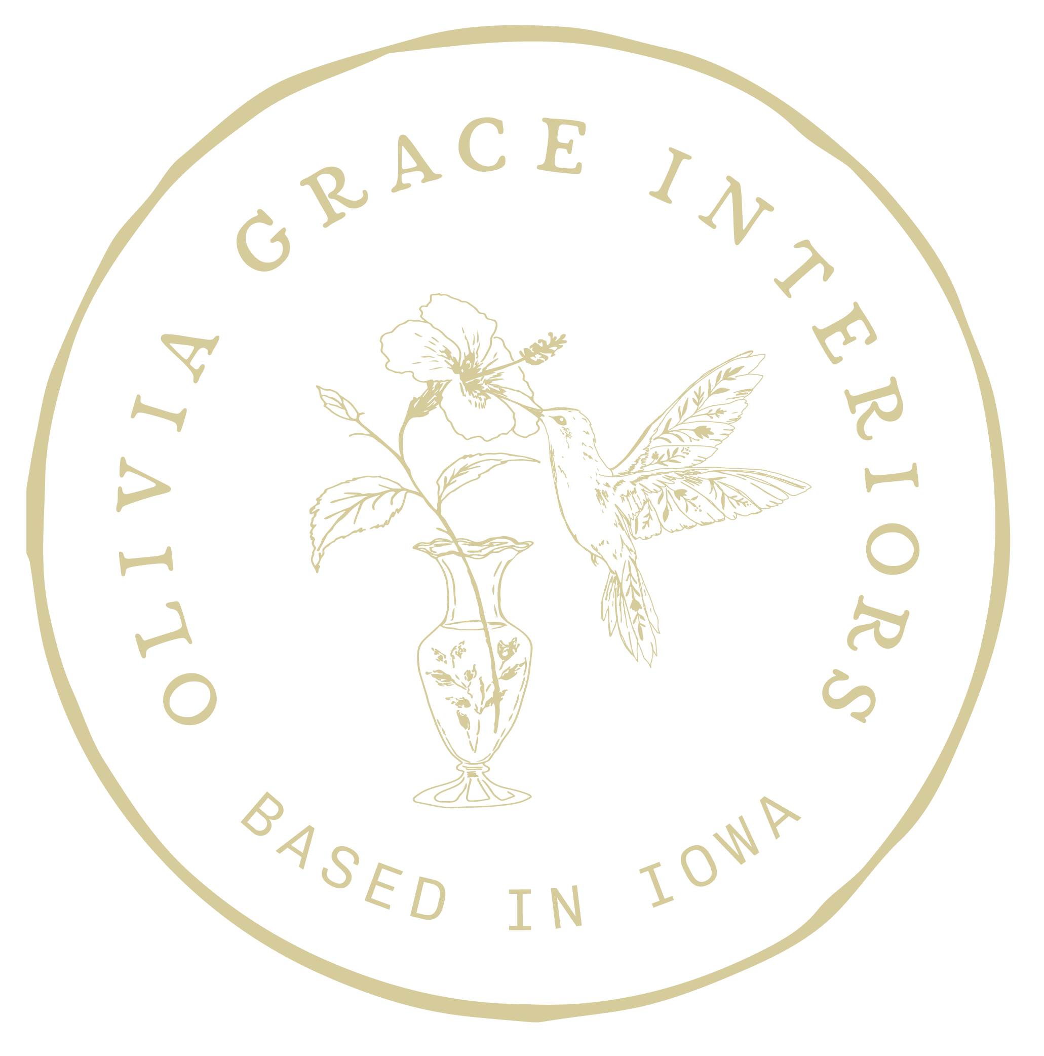 Close-up of a black circular label or emblem with beige text that reads 'GRAINNEE' and features a detailed illustration of a flowering plant, possibly an herb or flower, in beige.