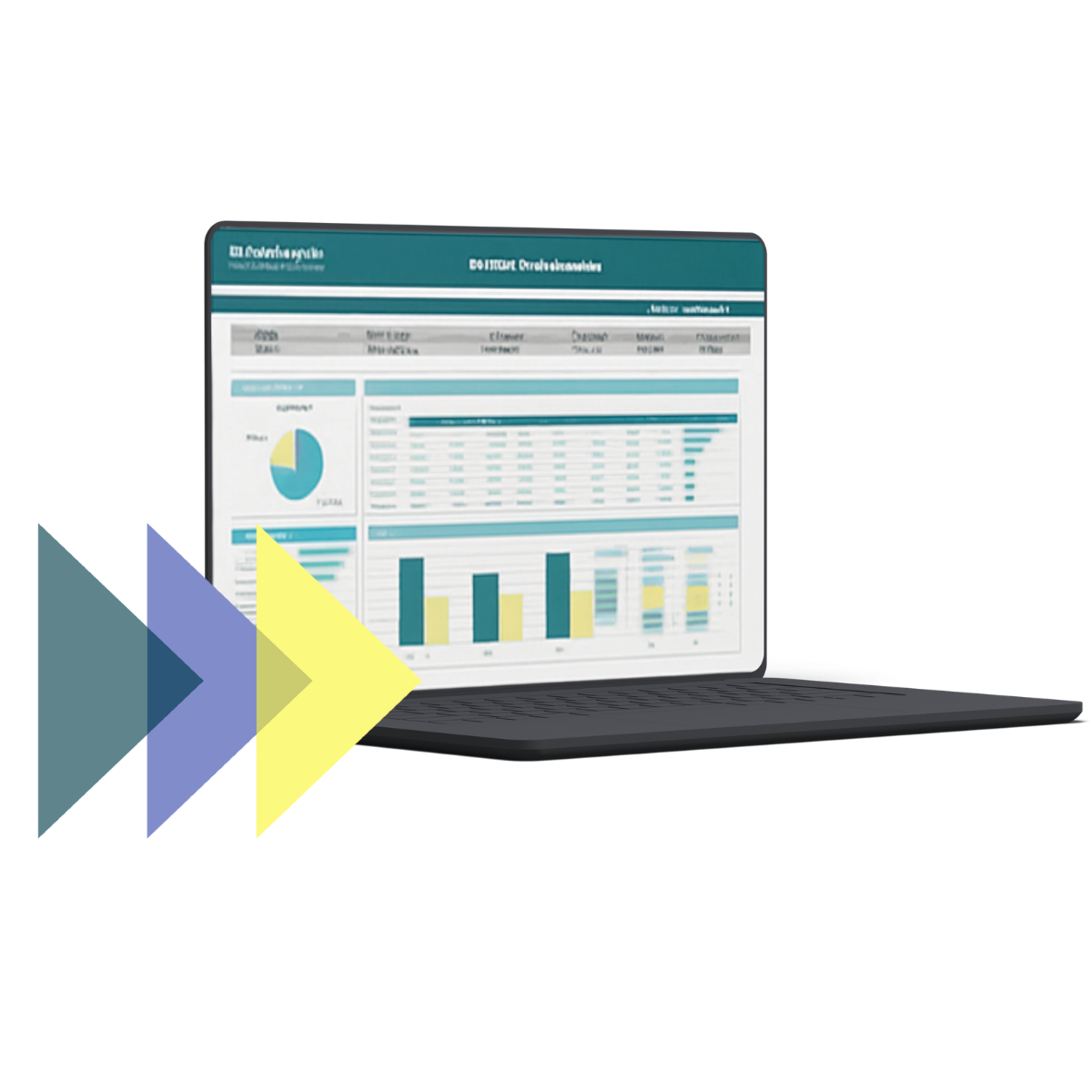 A laptop displaying data charts, graphs, and a pie chart on its screen, placed on a surface with colorful arrow shapes pointing towards it.