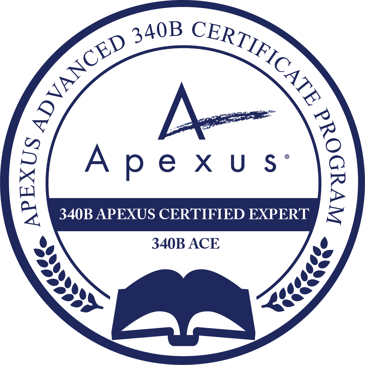 A circular badge with a dark blue border and white background, displaying the Apexus logo and certifications, including '340B Apexus Certified Expert' and '340B ACE'.