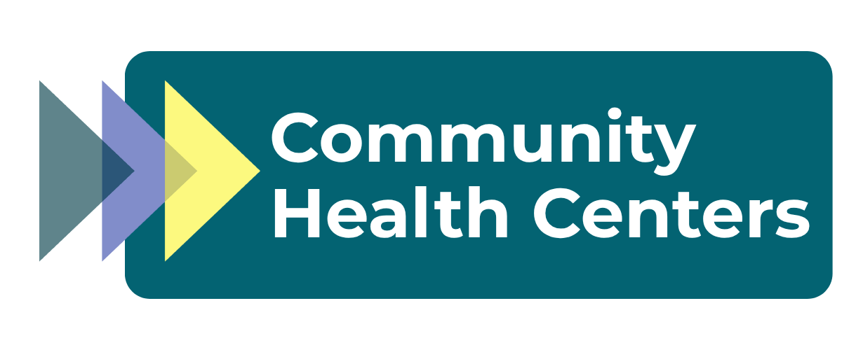 Graphic for Community Health Centers featuring overlapping arrows pointing right and text.