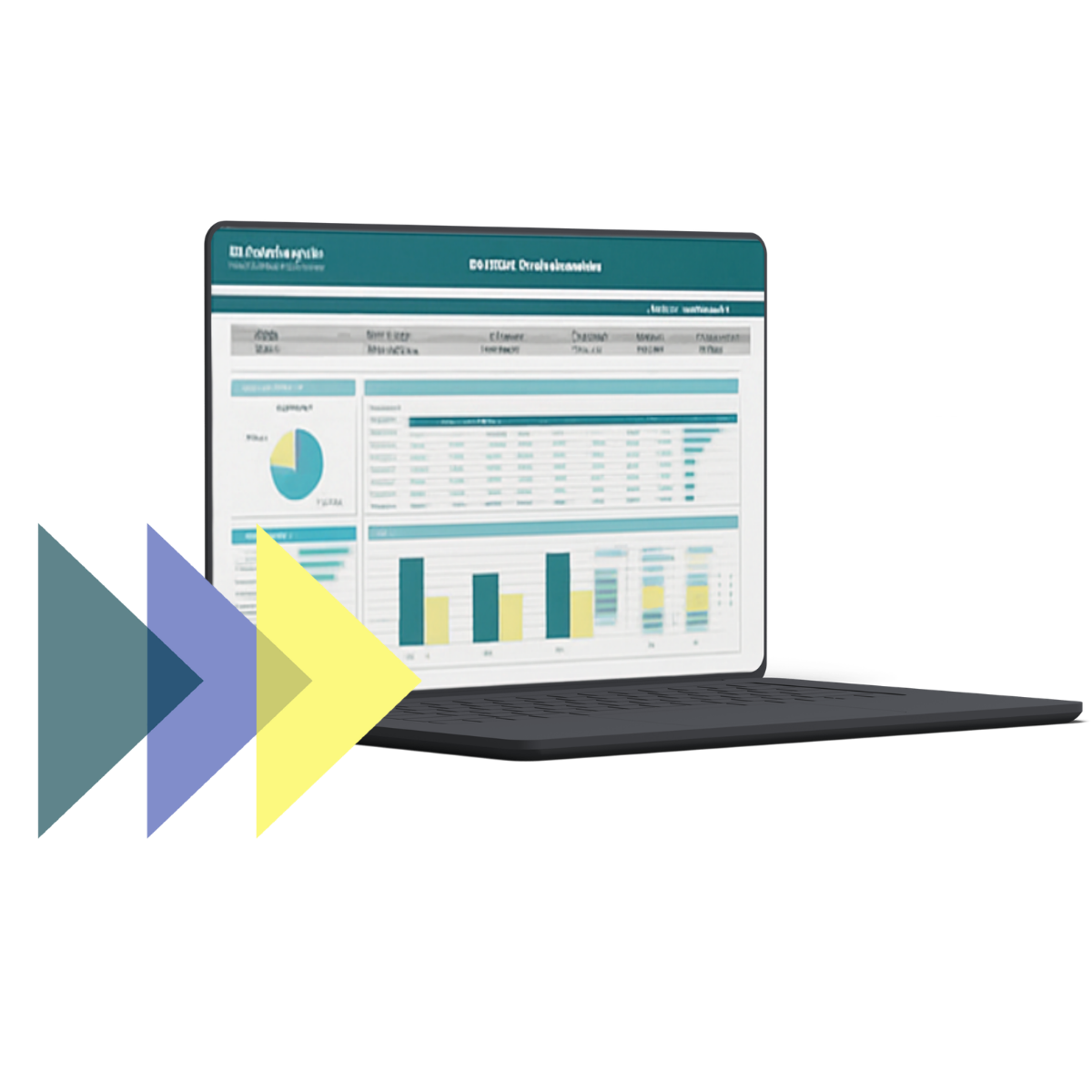 A laptop displaying a data analytics dashboard with charts and graphs.