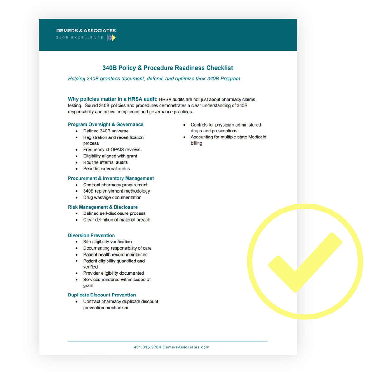 Policy and procedure readiness checklist document titled '340B Policy & Procedure Readiness Checklist' from Demers & Associates, with sections on program oversight, procurement, risk management, diversion prevention, and duplicate discount prevention.