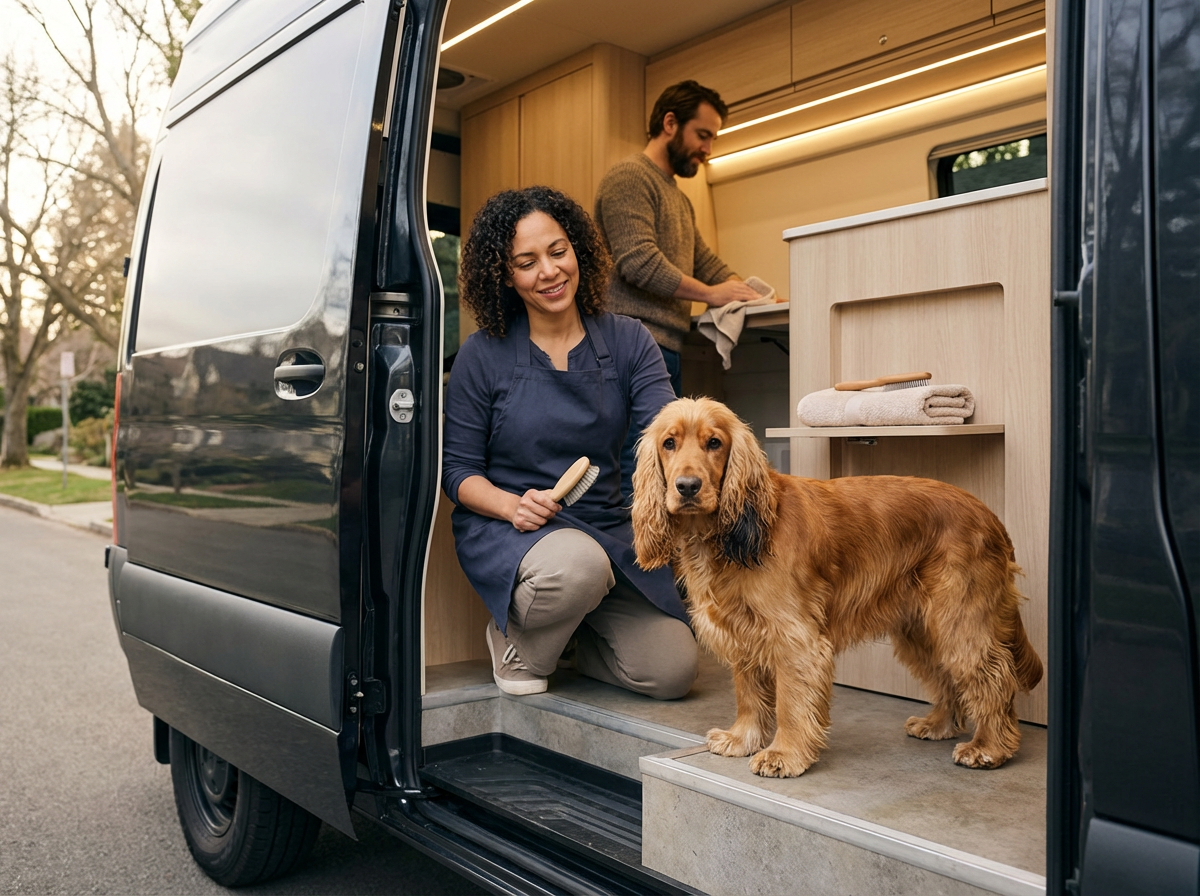 A woman grooming her golden retriever inside a van after a grooming session, with a man cleaning a towel in the background.