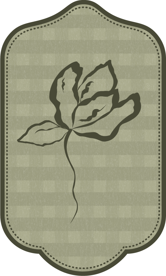 Line drawing of a rose with three leaves on light green striped background framed by a decorative dark green border.