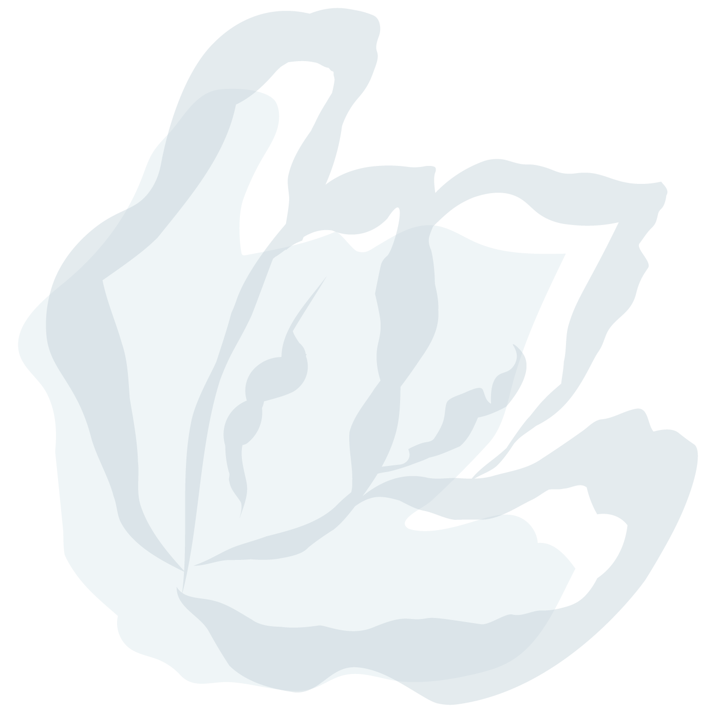 A stylized, monochrome illustration of a hand holding a flower, likely a tulip, in shades of light blue and white on a black background.