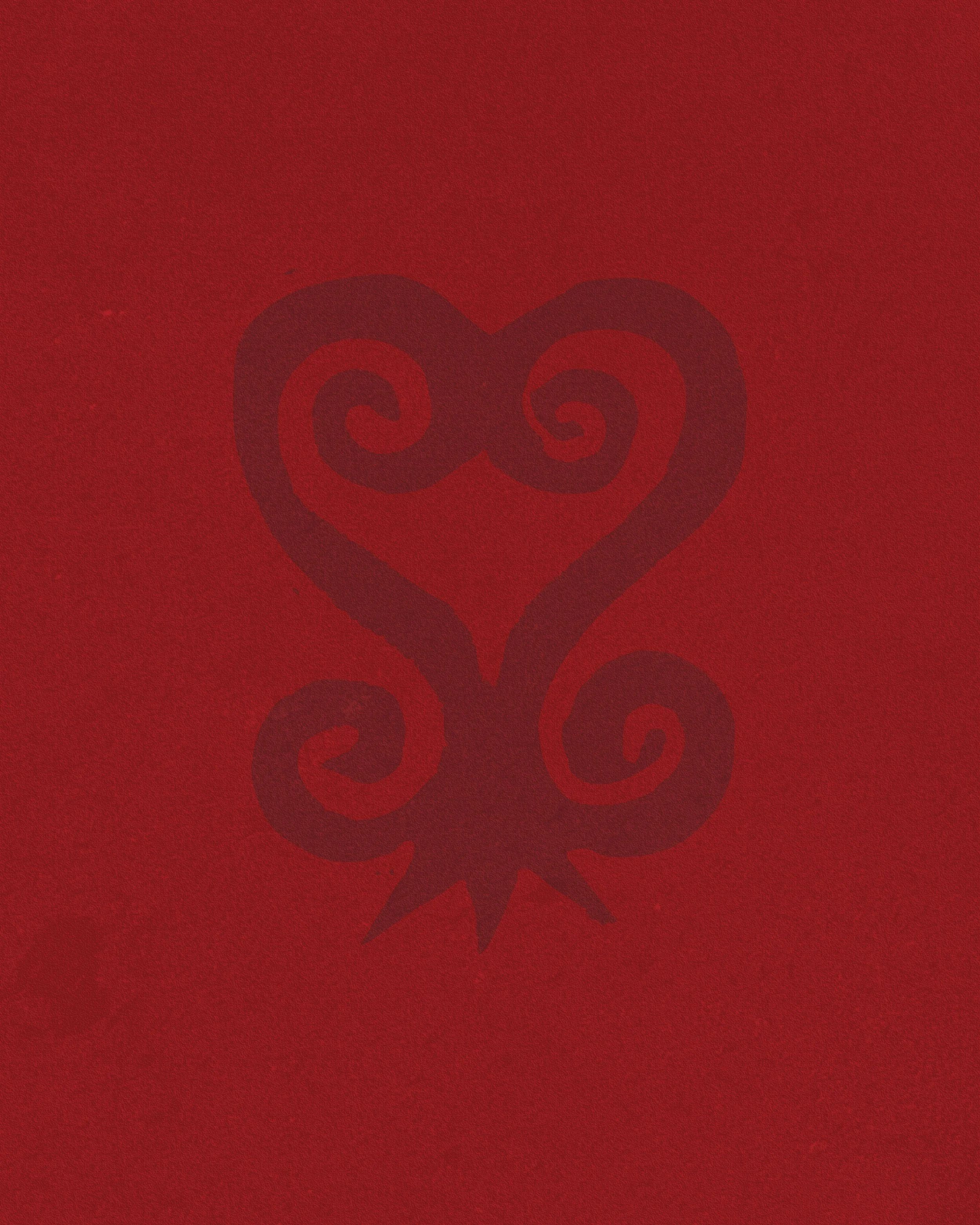 Red background with a black sankofa symbol in the center.