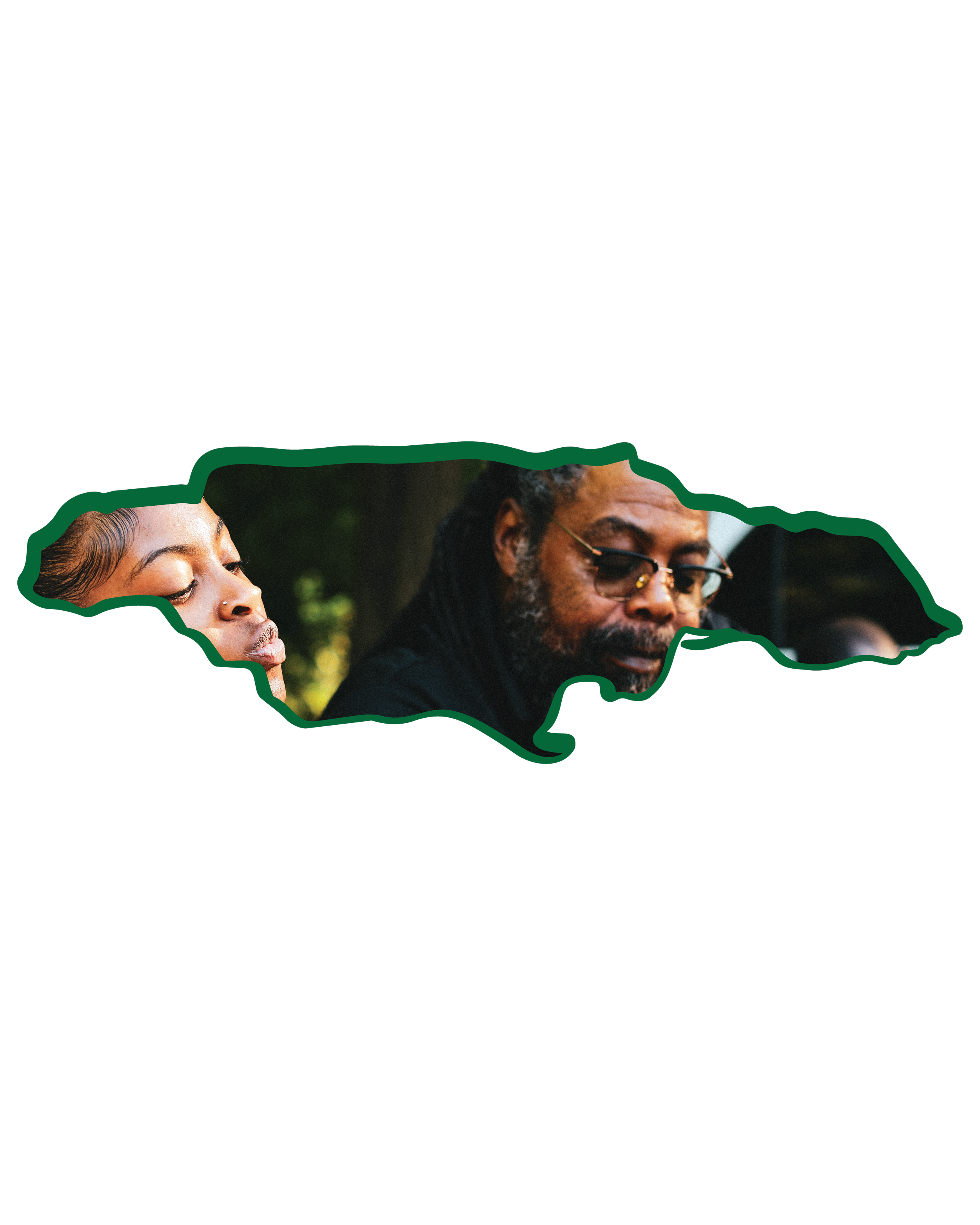 A cutout outline of the country of Jamaica filled with a photo of two people, one with braided hair and glasses and the other with closed eyes and a nose piercing, in an outdoor setting.