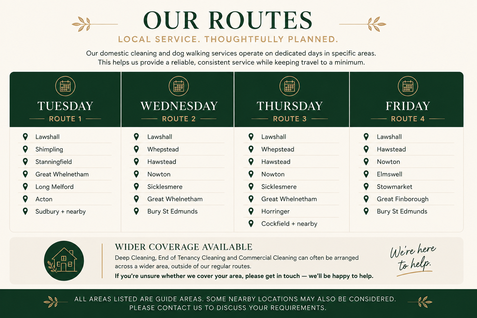 Schedule for domestic cleaning and dog walking routes from Tuesday to Friday, listing neighborhoods served each day, with a section promoting wider coverage options.