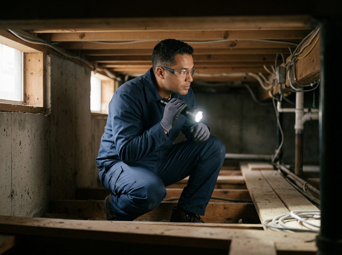 A man inspecting an area under the house with a flashlight during a home inspection or maintenance, kneeling on the wooden floor joists.