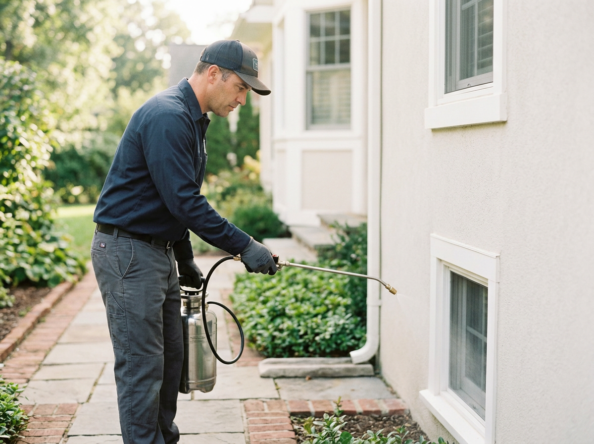 A man in a dark uniform and cap sprays insecticide on the exterior wall of a house with a handheld spray wand attached to a tank.