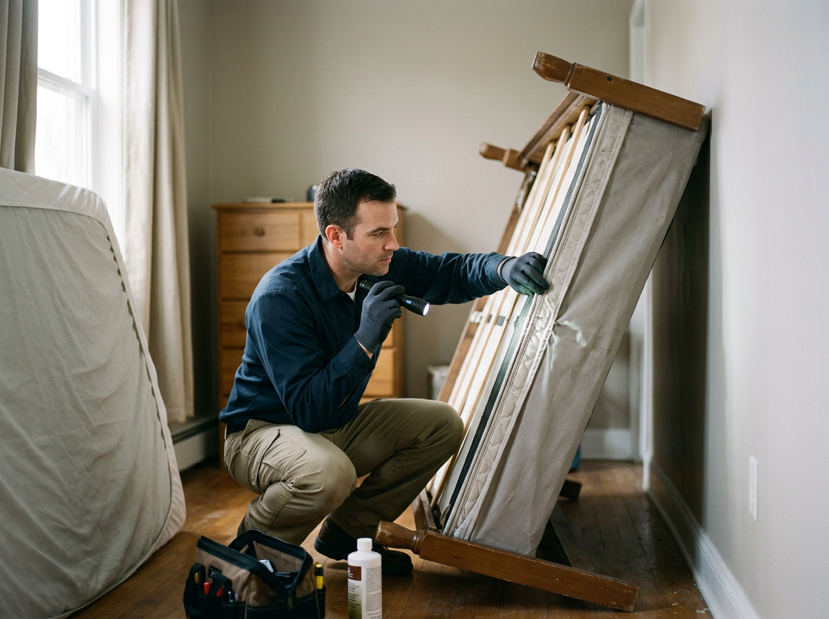 Man examining the underside of a box spring with a flashlight in a bedroom.