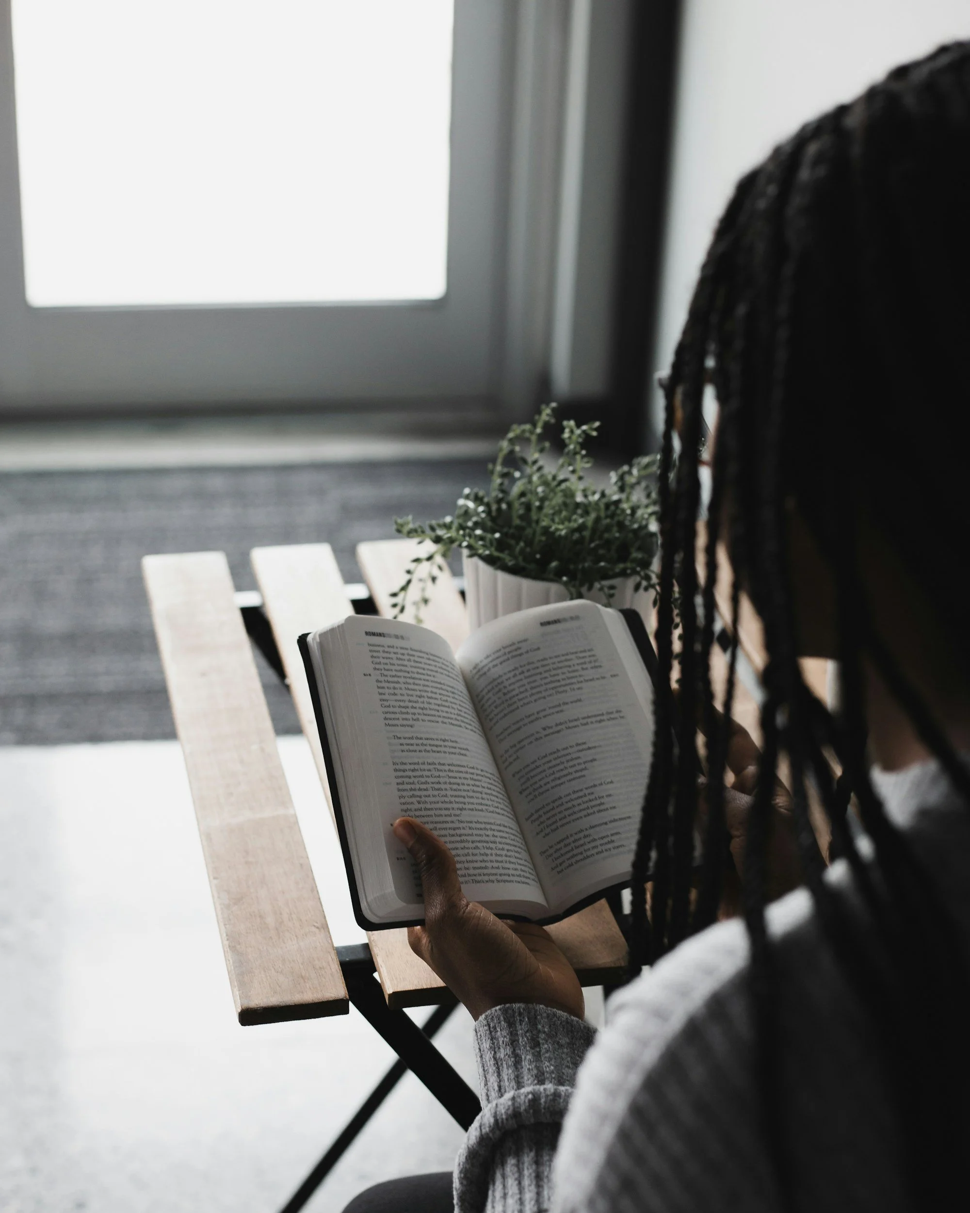 Person with braids reading a book, sitting at a small table near a door with a window, with a potted plant nearby.