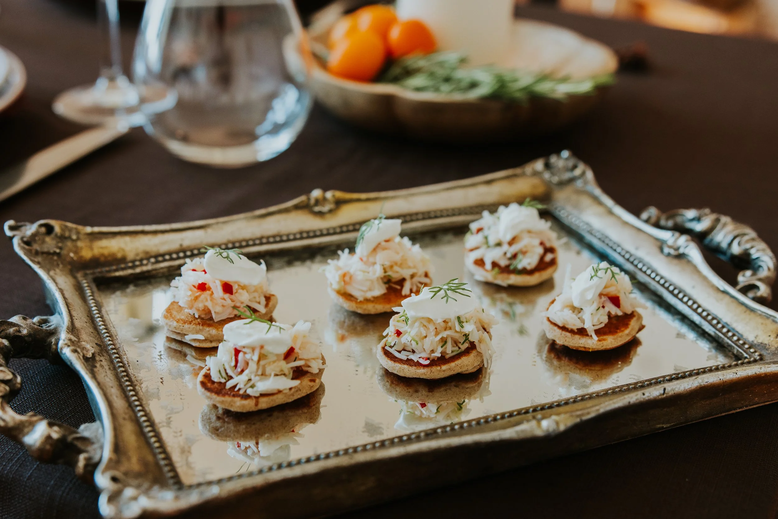 Silver tray of savoury canapes for catering and private event - Josh Ward Creative