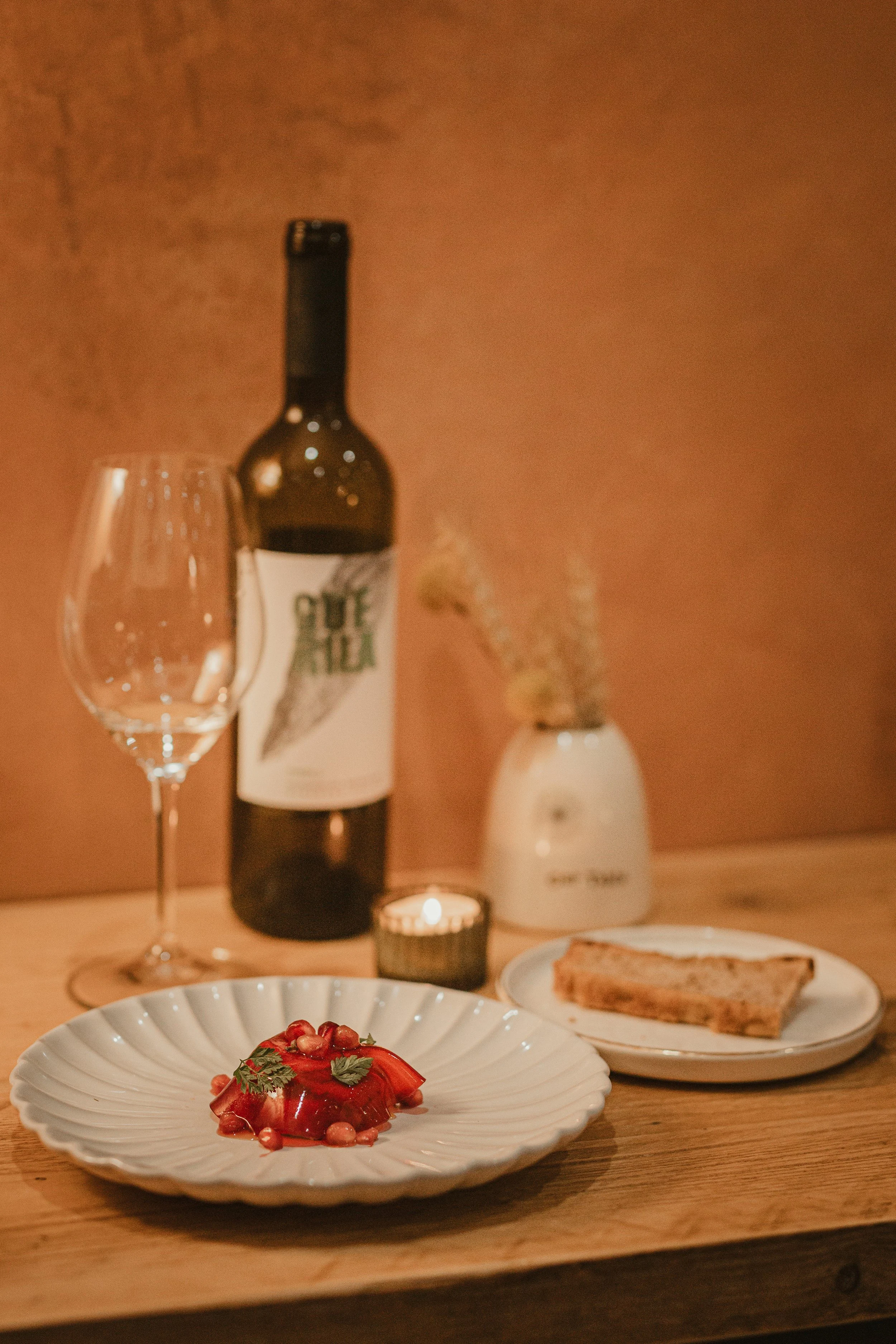 Wine and tartare course table setup for hospitality and restaurant branding - Josh Ward Creative