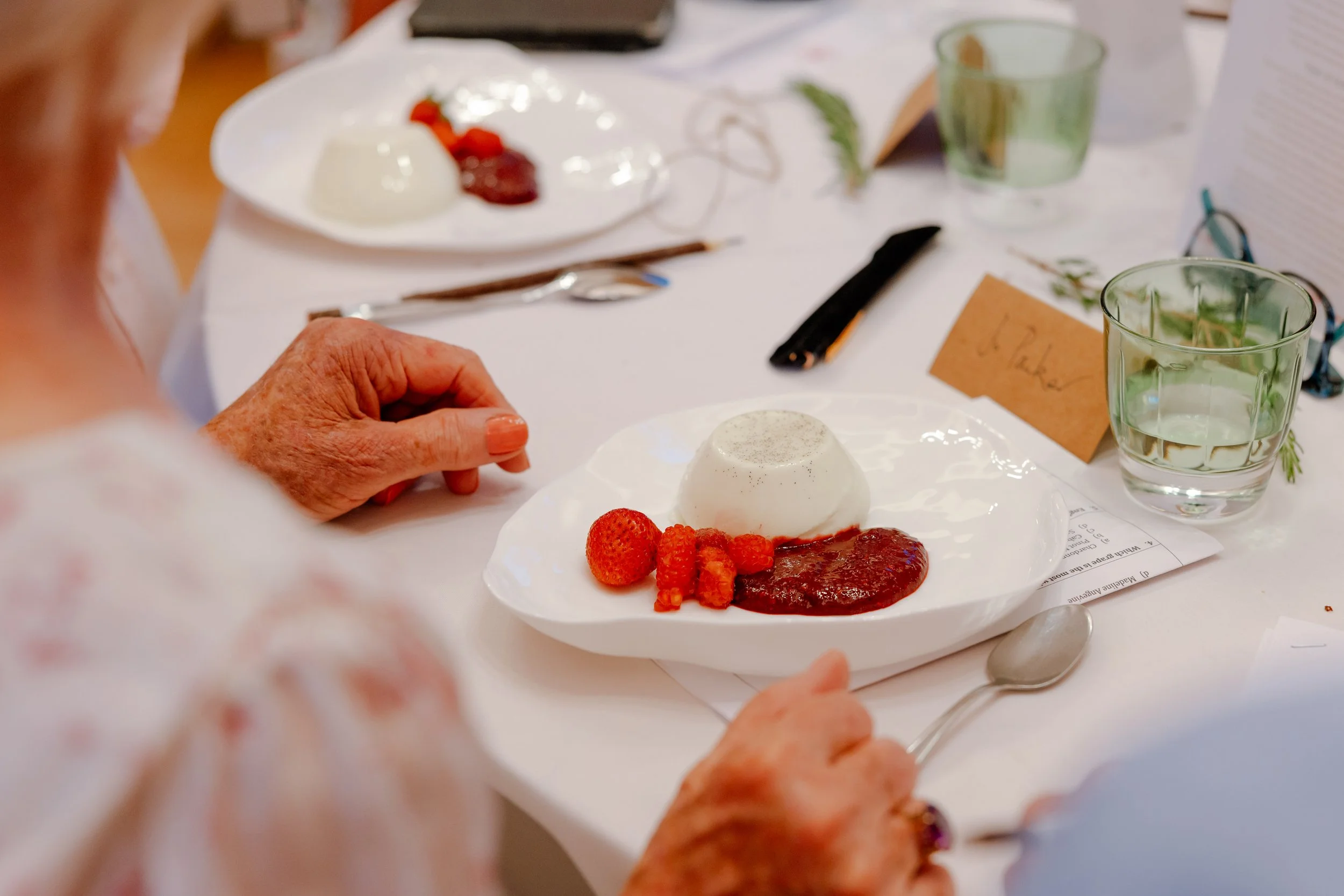 Guests enjoying plated dessert courses at private dining event - Josh Ward Creative