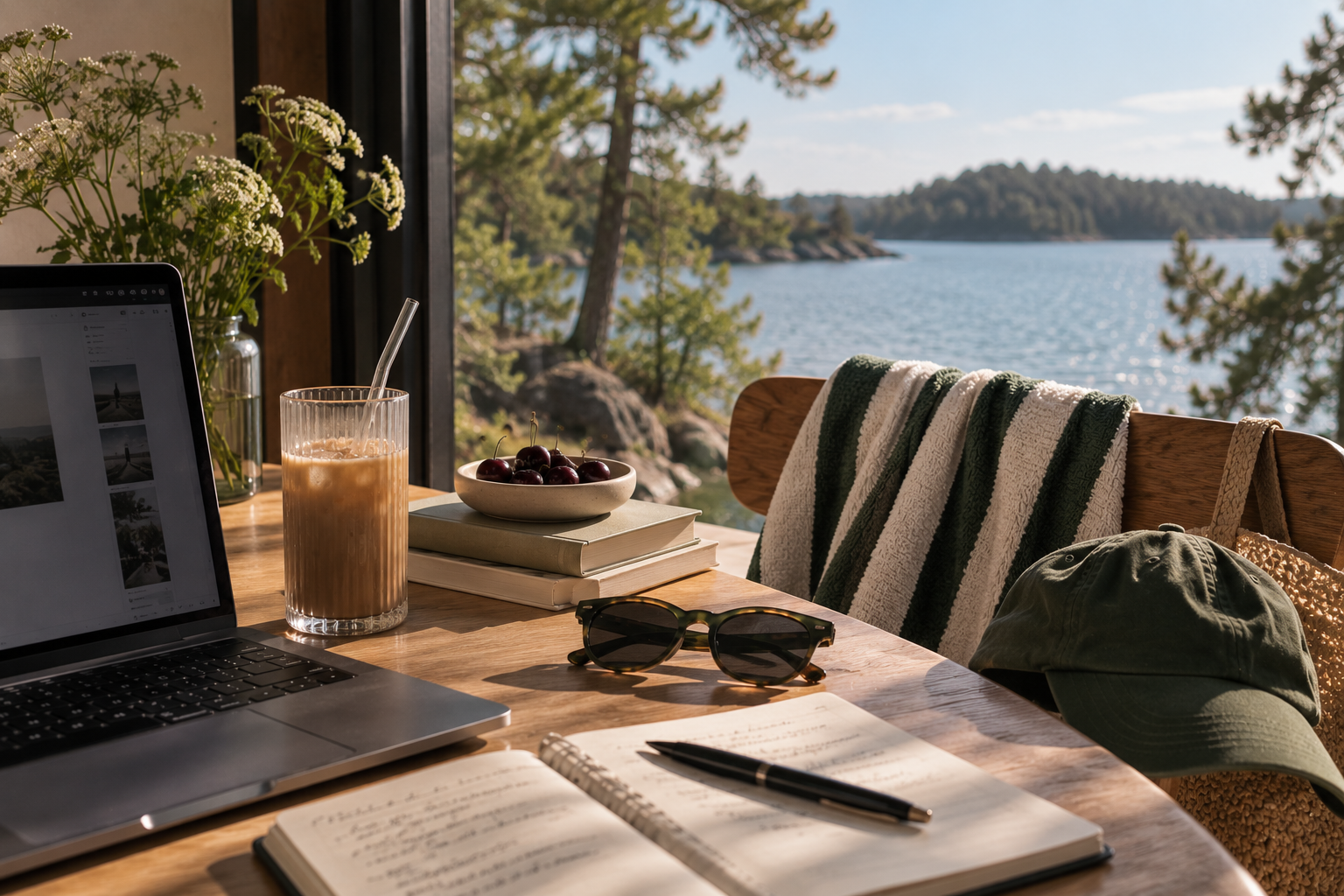 Laptop and notebook on a lakeside table with coffee, sunglasses and a towel overlooking the water.