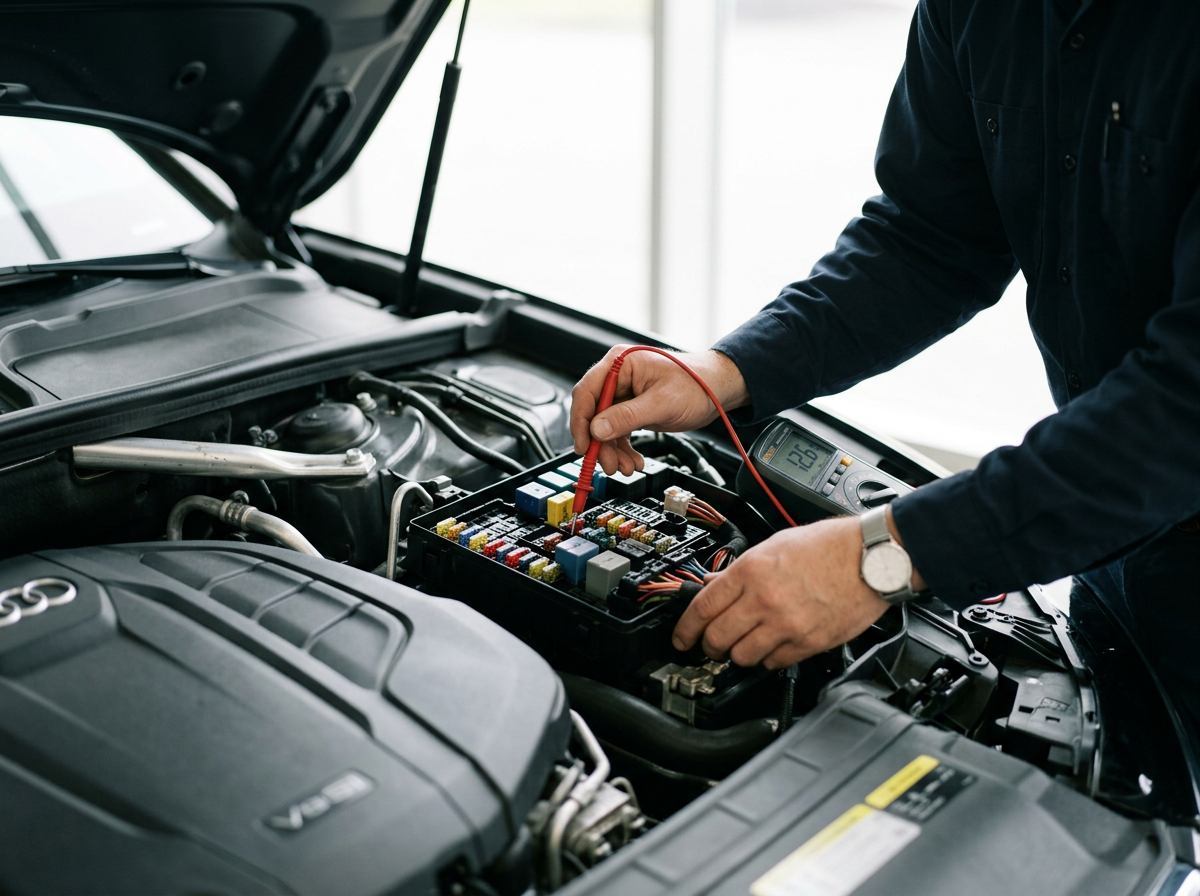 A mechanic working on a car's electrical system, with the hood open, using a multimeter and tools around a fuse box.