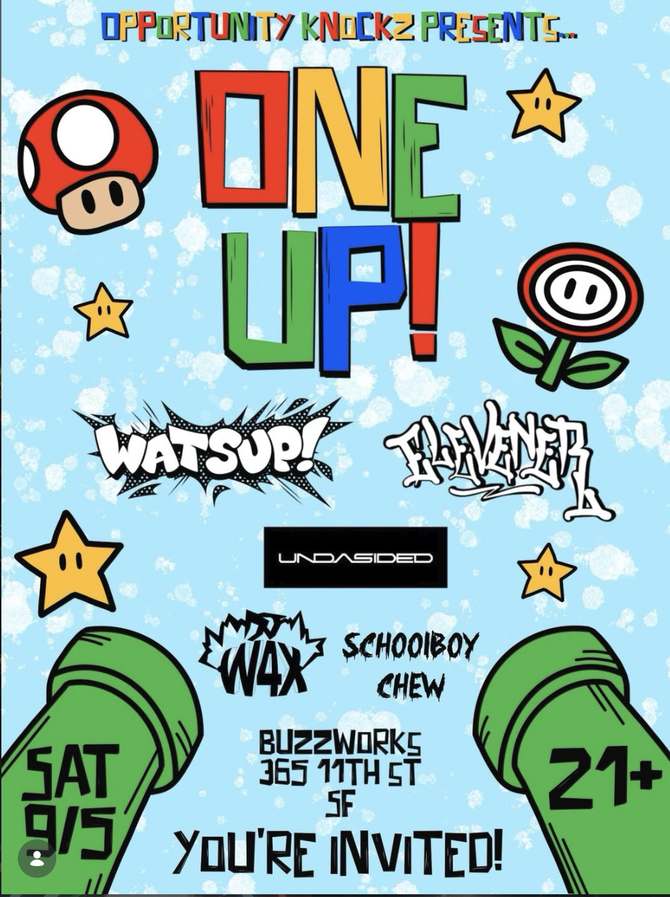 Colorful poster for a gaming event titled 'ONE UP!' with cartoon characters, stars, and items from the Super Mario video game series. It includes event details such as date, location, age restriction, and guest performers.