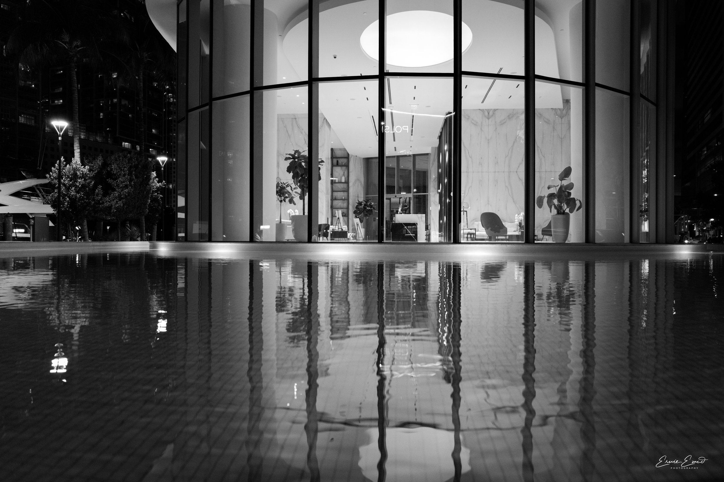 Aston Martin lobby from outdoor reflecting fountain-pool
