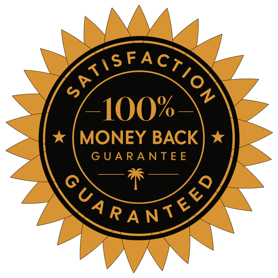 Gold and black badge claiming 100% satisfaction money-back guarantee