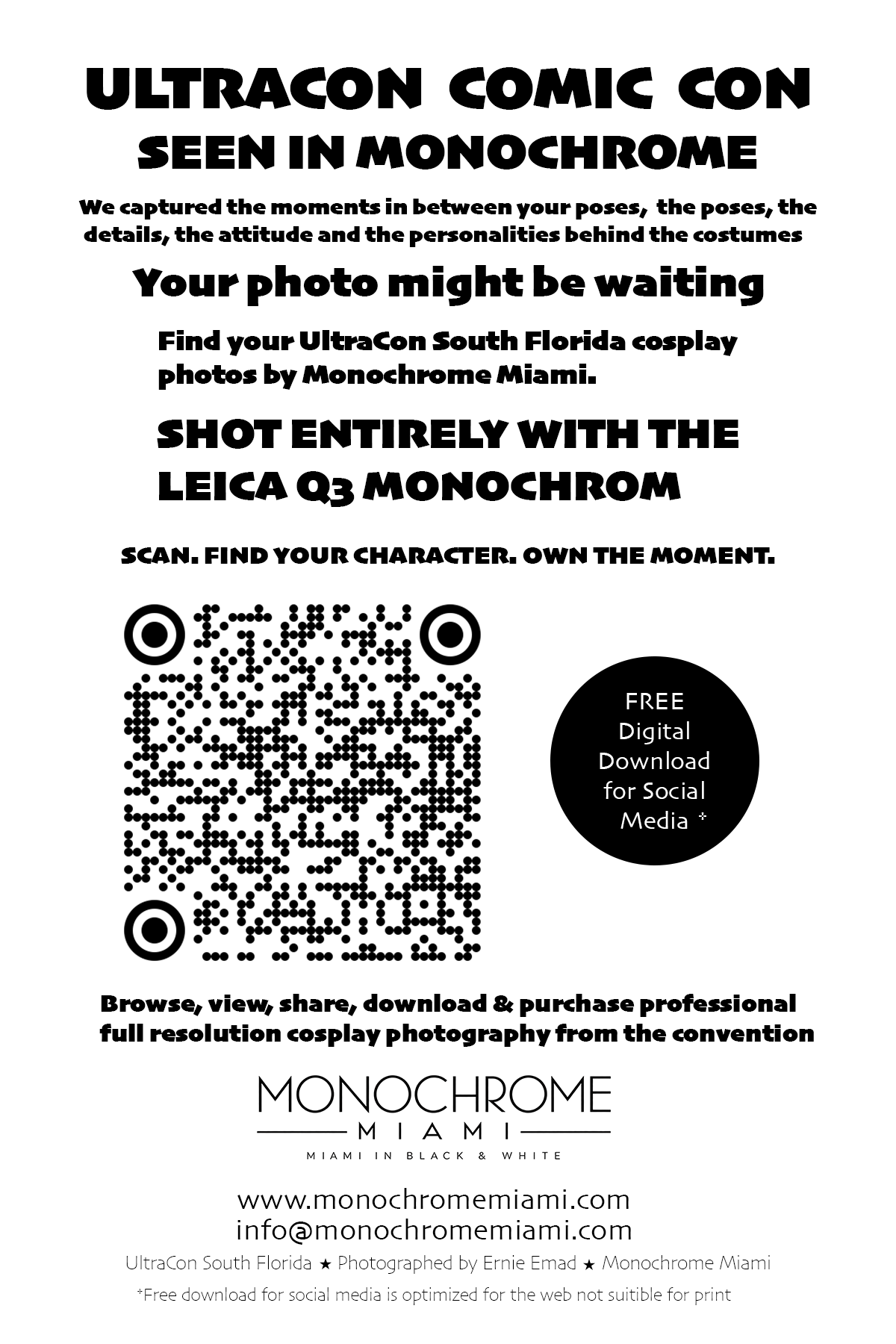 Flyer for Monochrome Miami photography event featuring black and white cosplay photos, with a QR code linking to digital downloads, and text promoting professional cosplay photography from the convention.