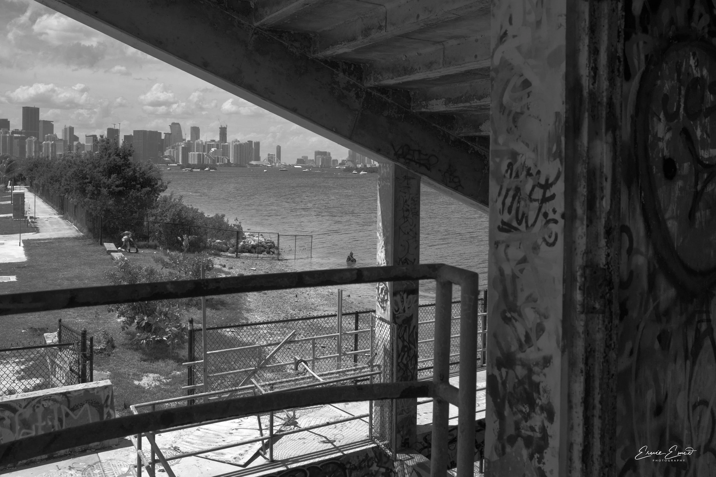 A peak mat Downtown Miami/Brickell Skyline from Miami Marine Stadium