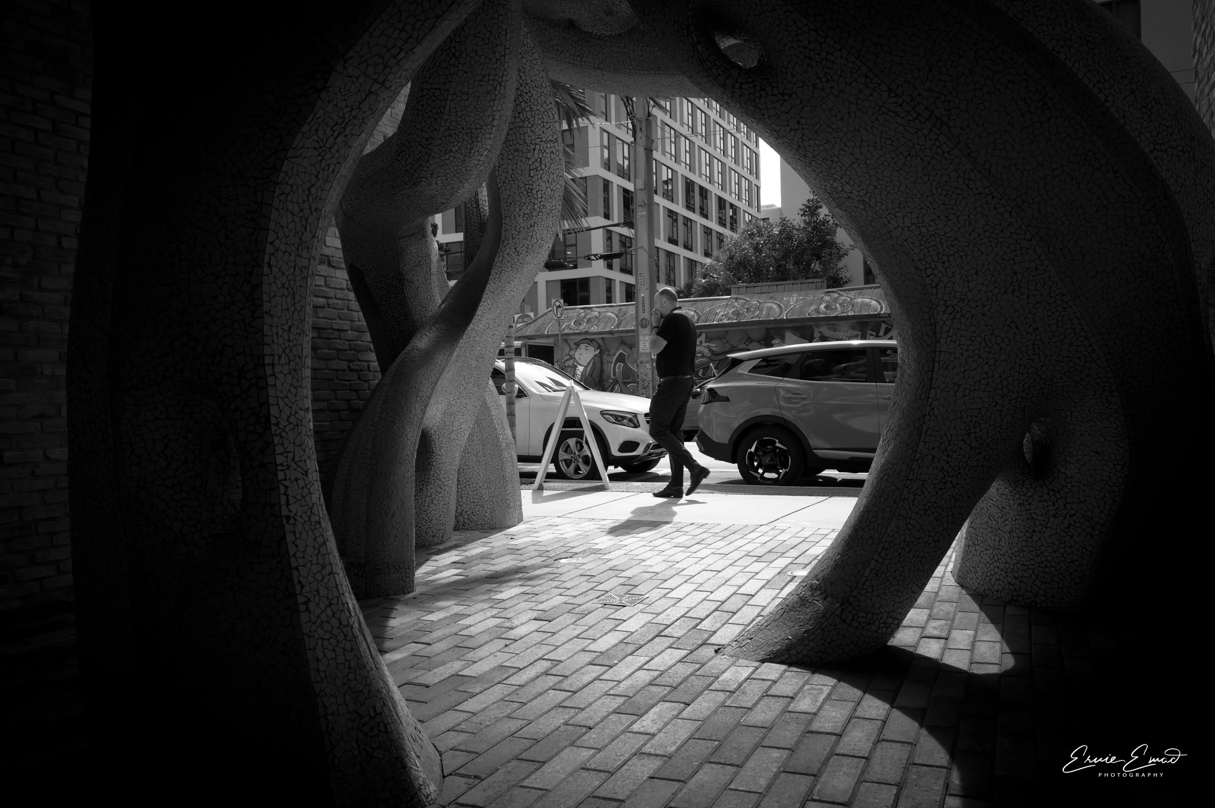 A black and white photo of an urban street scene viewed through a mosaic tree sculpture with twisting branches. A man in black clothing is walking past parked cars, with buildings and graffiti in the background.