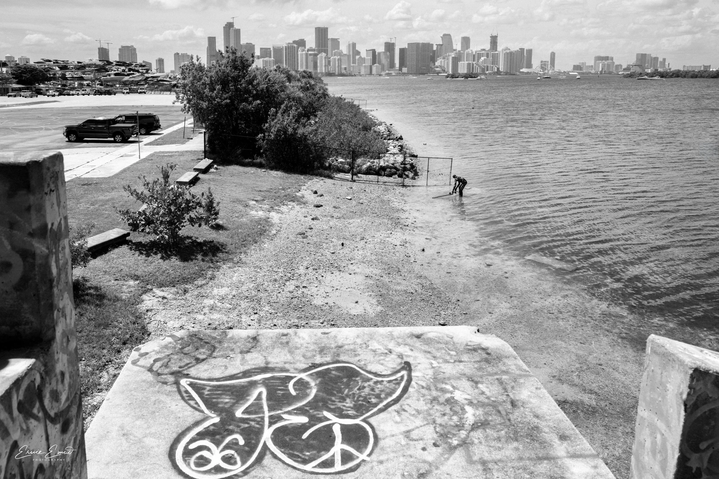 Lobster mini season and a lonely scuba diver looking to eat good tonight from Miami Marine Stadium and he has the entire city as his backdrop