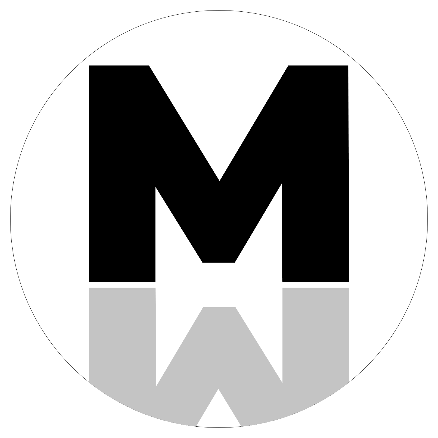 Black capital letter M with a white background, casting a grey shadow reflection underneath.