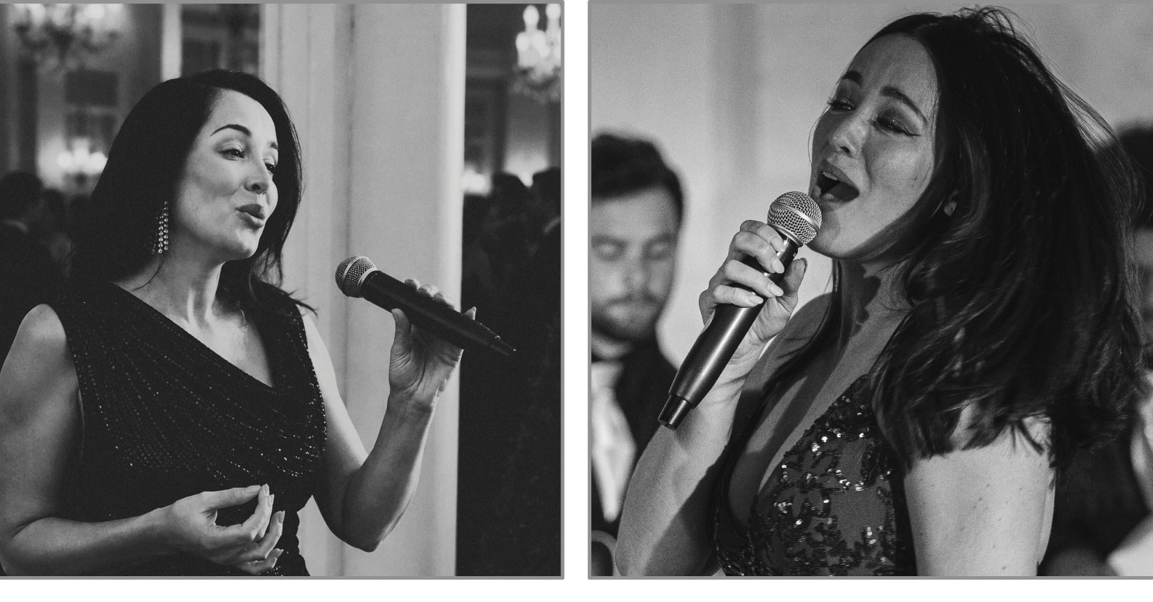 Black and white side-by-side photos of women singing into microphones at a formal event. The woman on the left has long dark hair, wearing a sleeveless dress with earrings, and appears to be mid-song. The woman on the right has long wavy hair, wearing a dress with sequins, and is also singing passionately.