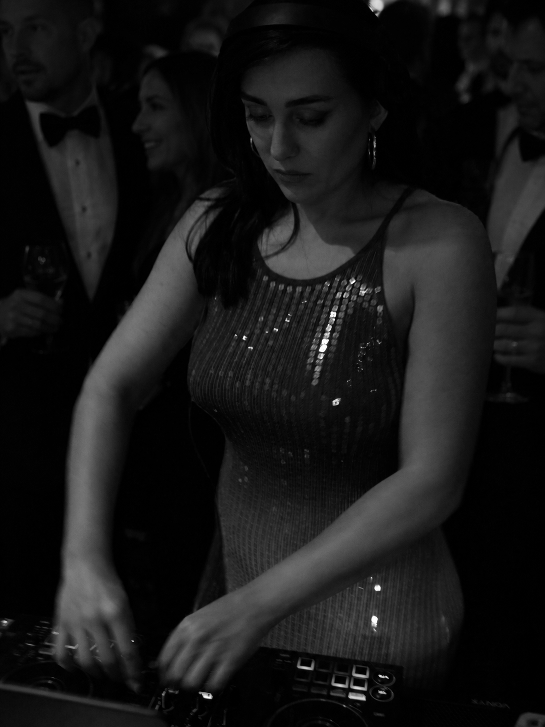 Natalie Ellen DJing  at a wedding reception in The gherkin London