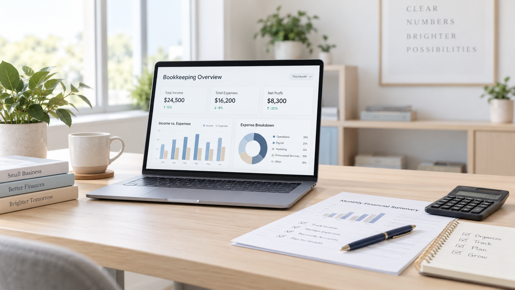 A workspace with a laptop displaying a bookkeeping overview with graphs and financial data. There are books, a mug, a potted plant, a calculator, a pen, and a financial summary report on the desk, with a bright window and framed quote in the background.