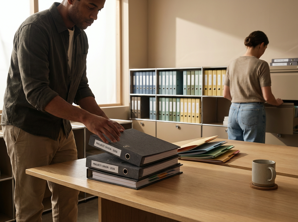 A man arranging binders and folders on a wooden table in an office, with a woman organizing files in a cabinet in the background.