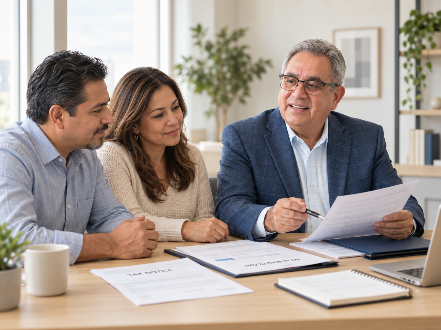 Business meeting with three people discussing documents at a table in an office.