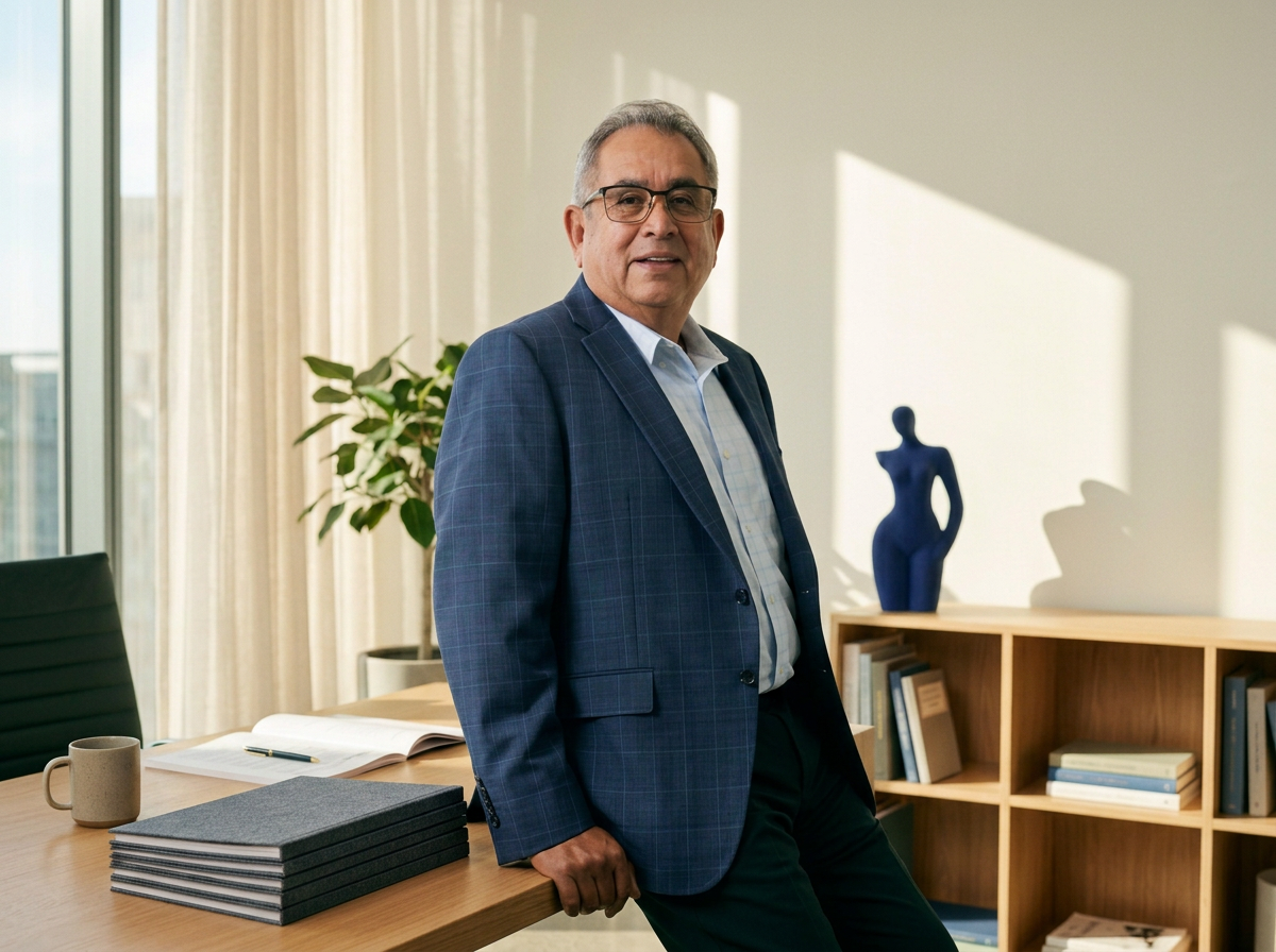An older man wearing a blue checked blazer, light blue shirt, and glasses standing in an office with bookshelves, a potted plant, and a table with stacked folders, an open book, and a coffee mug.
