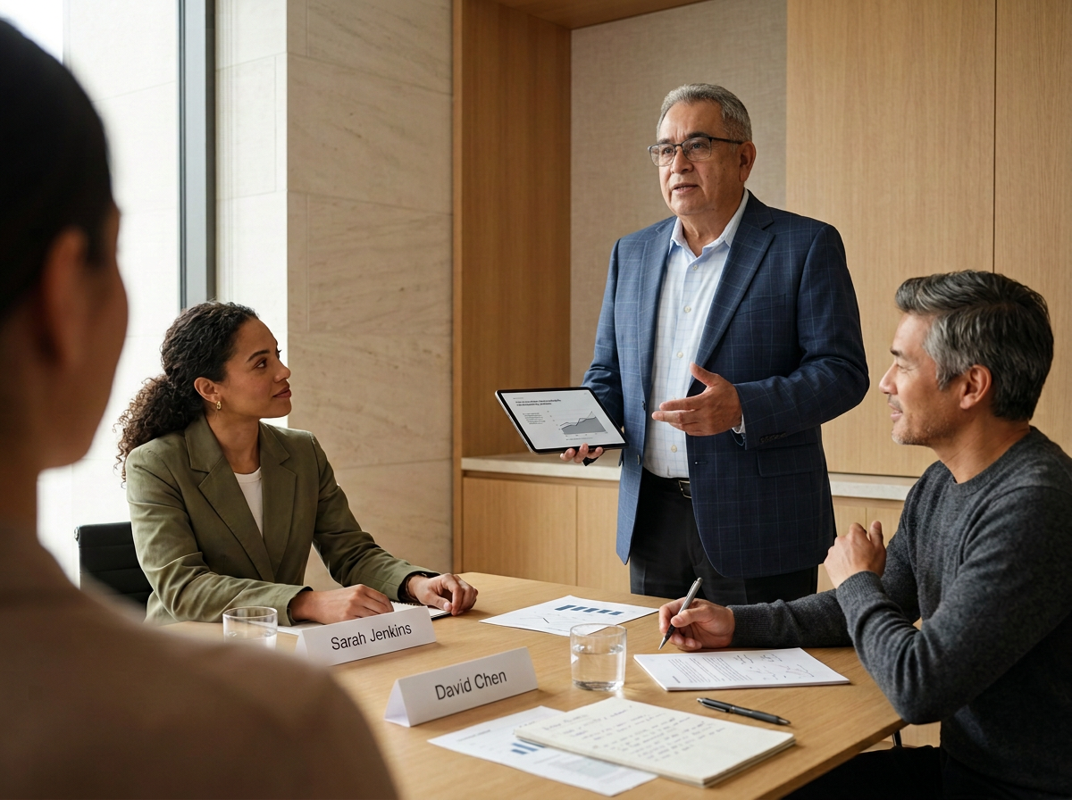 A business meeting with four people, one man standing and giving a presentation, holding a tablet, while three others sit at a table listening and taking notes. There are name tags on the table, with one reading Sarah Jenkins and another David Chen.