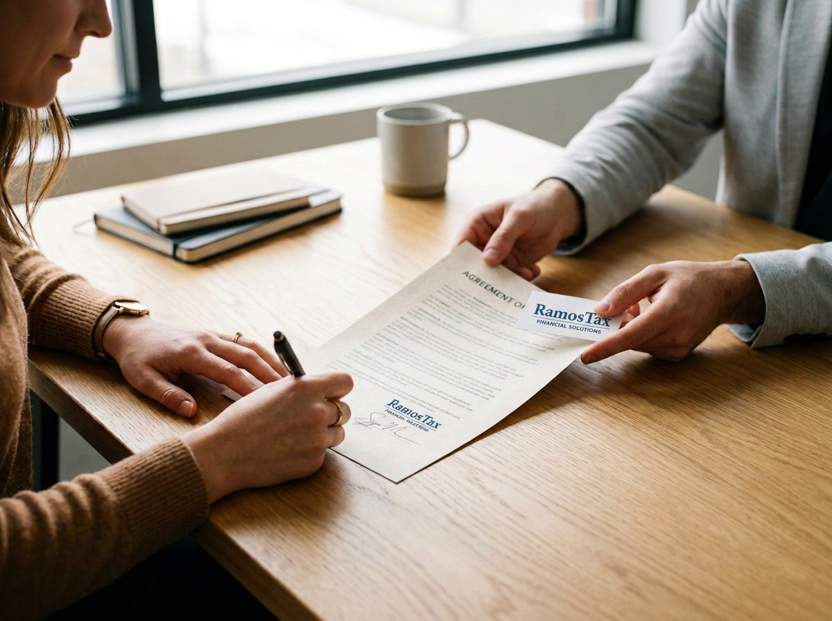 Two people exchanging a signed document at a wooden table in an office, with notebooks and a mug nearby.